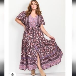 Aveology Floral  V neck Short Flutter Sleeve  Boho Maxi Dress